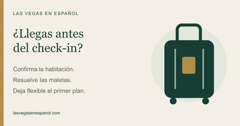 Ilustración de una maleta y tres consejos antes del check-in en Las Vegas: confirmar la habitación, resolver el equipaje y dejar flexible el primer plan.