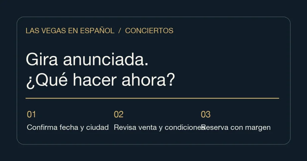 Ilustración editorial con tres pasos para planear una gira anunciada: confirmar fecha y ciudad, revisar venta y reservar con margen.