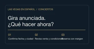 Ilustración editorial con tres pasos para planear una gira anunciada: confirmar fecha y ciudad, revisar venta y reservar con margen.