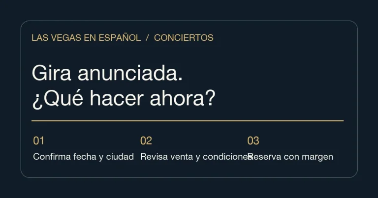 Ilustración editorial con tres pasos para planear una gira anunciada: confirmar fecha y ciudad, revisar venta y reservar con margen.