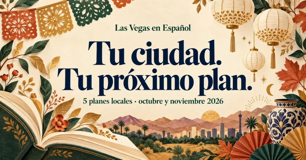 Ilustración editorial original con libros, faroles y papel picado: Tu ciudad. Tu próximo plan., cinco planes locales para octubre y noviembre de 2026.