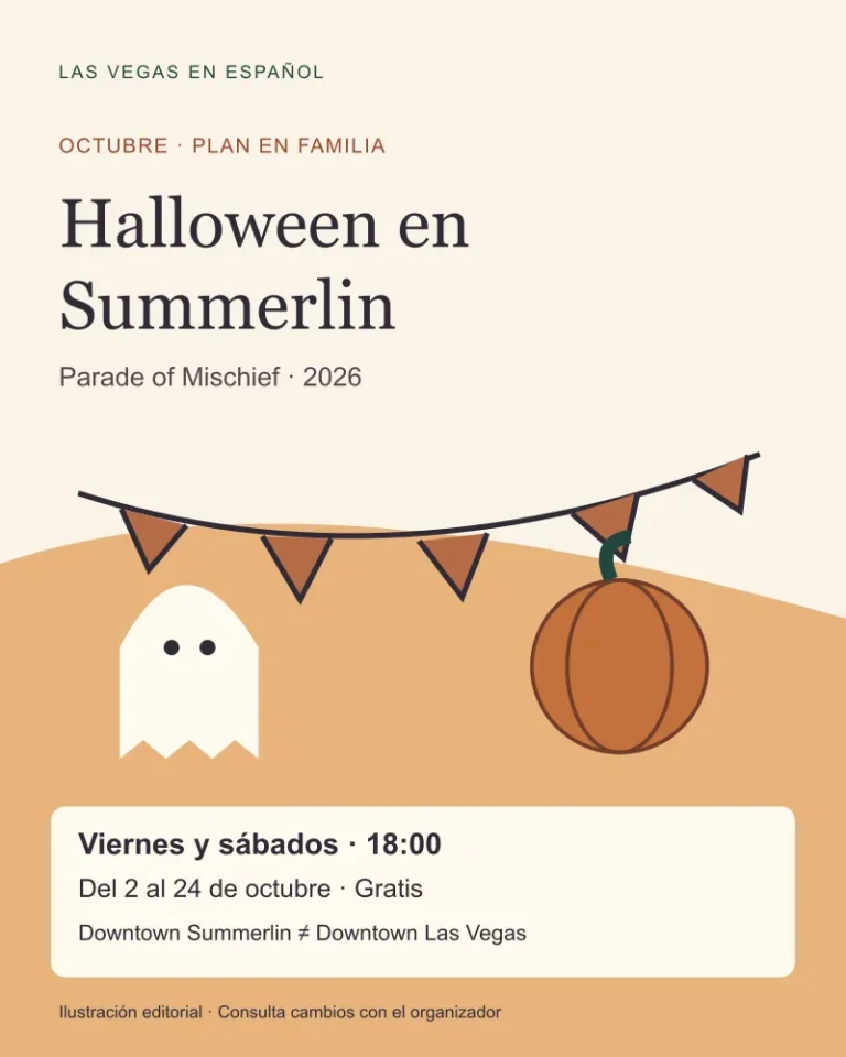 Ilustración editorial de una calabaza y un fantasma: Parade of Mischief 2026 en Downtown Summerlin, viernes y sábados del 2 al 24 de octubre a las 18:00.