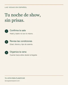 Lista para organizar una noche de espectáculo en Las Vegas: confirmar sala, revisar condiciones y planificar la cena.