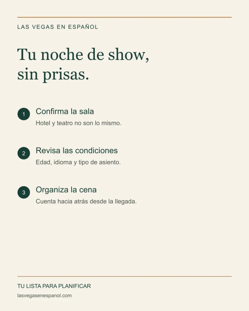 Lista para organizar una noche de espectáculo en Las Vegas: confirmar sala, revisar condiciones y planificar la cena.