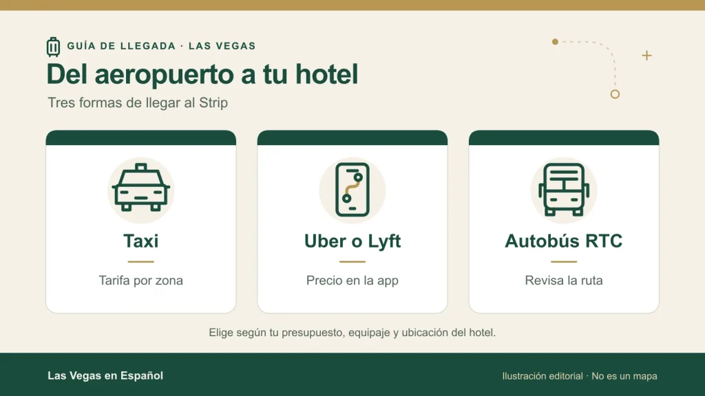 Ilustración de las tres opciones para ir del aeropuerto de Las Vegas al Strip: taxi, Uber o Lyft y autobús RTC.