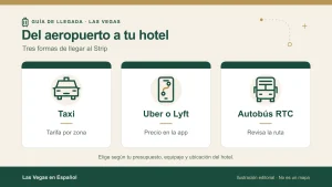 Ilustración de las tres opciones para ir del aeropuerto de Las Vegas al Strip: taxi, Uber o Lyft y autobús RTC.