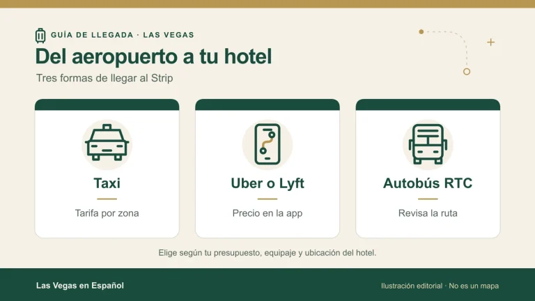 Ilustración de las tres opciones para ir del aeropuerto de Las Vegas al Strip: taxi, Uber o Lyft y autobús RTC.