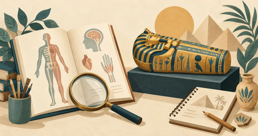Ilustración conceptual de un libro de anatomía y una lupa junto a un modelo de sarcófago egipcio y un cuaderno de historia.