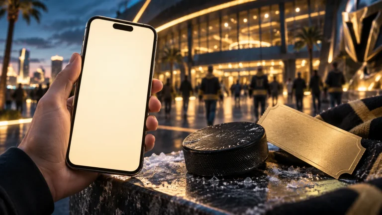 Teléfono con pantalla vacía, disco de hockey y boleto dorado en una escena imaginaria de entrada a una arena.