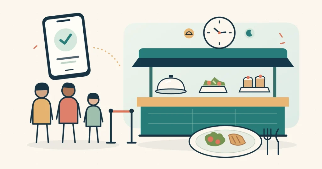 Ilustración de un buffet imaginario con estaciones de comida, un grupo en espera, un teléfono con confirmación y un reloj decorativo.