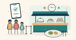 Ilustración de un buffet imaginario con estaciones de comida, un grupo en espera, un teléfono con confirmación y un reloj decorativo.