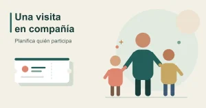 Ilustración editorial de una figura adulta junto a dos figuras infantiles y unas entradas simbólicas, con el texto «Una visita en compañía».