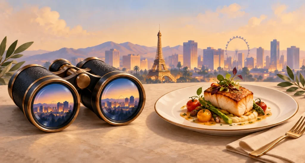 Ilustración conceptual de unos prismáticos y un plato servido, con una torre de estilo Eiffel y un perfil urbano estilizado al fondo.