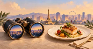 Ilustración conceptual de unos prismáticos y un plato servido, con una torre de estilo Eiffel y un perfil urbano estilizado al fondo.