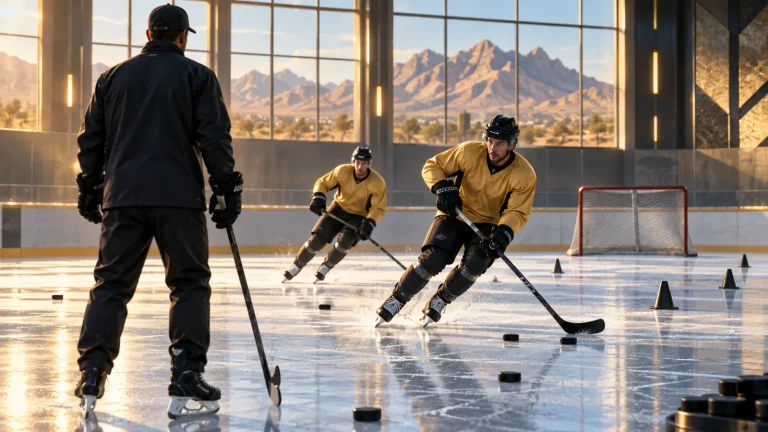 Entrenador y dos jugadores practican hockey en una pista imaginaria con montañas al fondo.