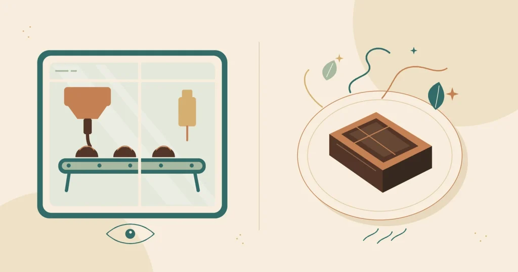 Ilustración conceptual de una ventana con elaboración de chocolate a la izquierda y un chocolate con motivos de aroma y sabor a la derecha.