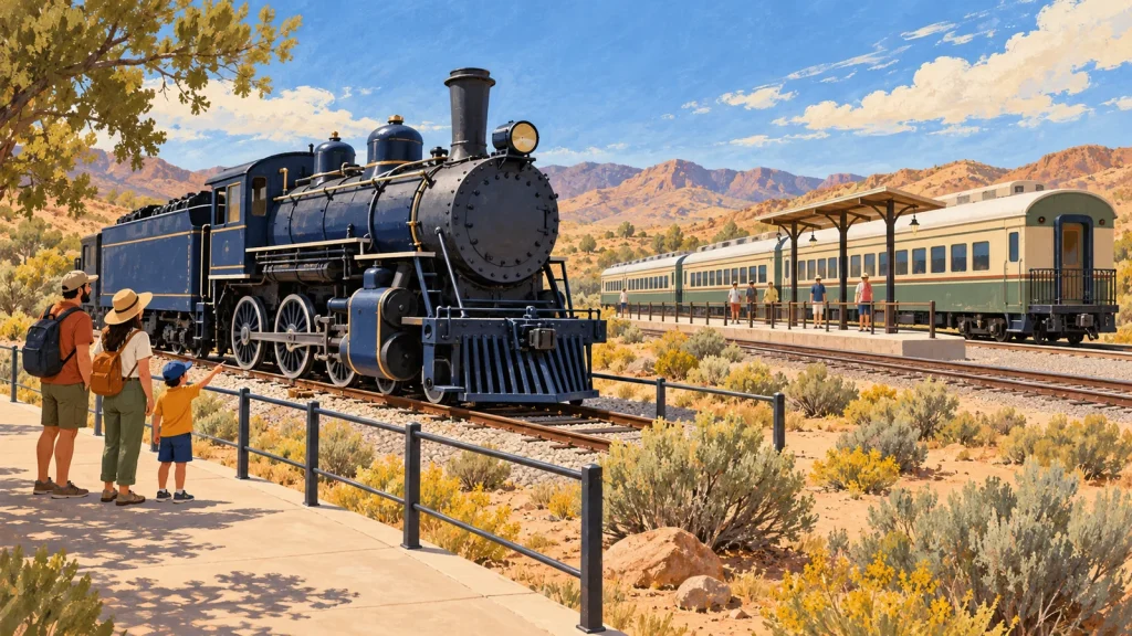 Ilustración conceptual de una familia observando una locomotora tras una barandilla y de un tren de pasajeros junto a un andén en un paisaje desértico imaginario.