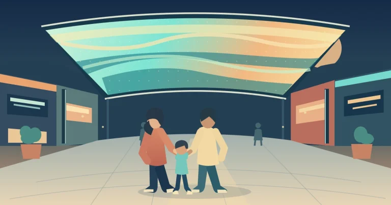 Ilustración conceptual de dos adultos y un niño bajo una pantalla luminosa en una calle peatonal.