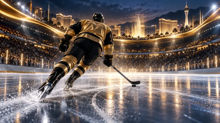 Jugador de hockey con uniforme dorado sobre el hielo, frente a un paisaje imaginario de Las Vegas.
