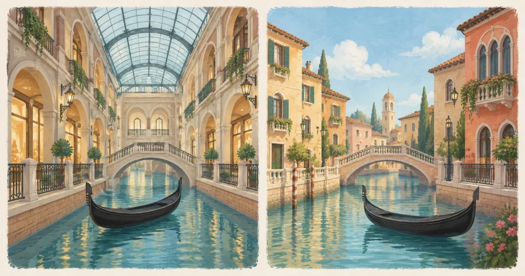 Ilustración conceptual de dos canales con góndolas: uno bajo una cubierta y otro al aire libre, junto a edificios de inspiración italiana.