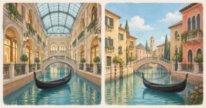 Ilustración conceptual de dos canales con góndolas: uno bajo una cubierta y otro al aire libre, junto a edificios de inspiración italiana.