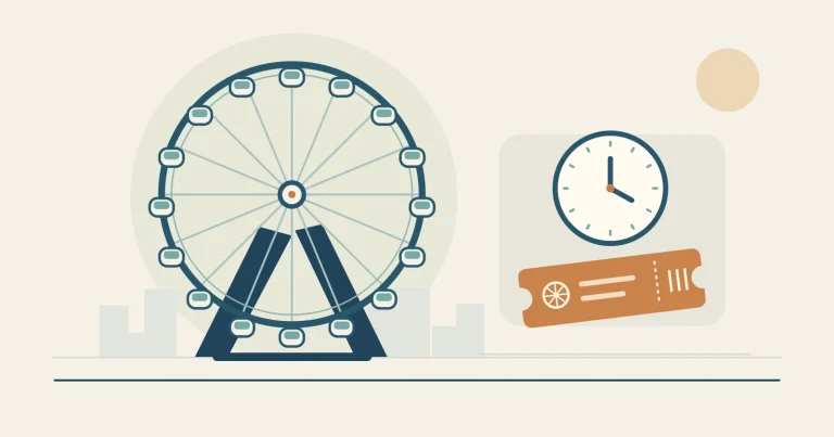 Ilustración conceptual de una rueda de observación imaginaria junto a un reloj decorativo y un boleto sin texto.