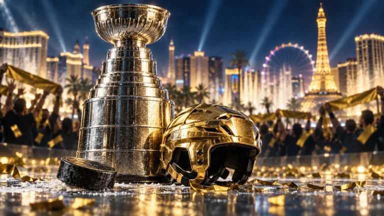 Copa simbólica plateada, casco dorado y disco de hockey entre confeti y luces de Las Vegas.