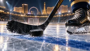 Primer plano de un disco, un stick y un patín de hockey junto a una línea azul sobre el hielo.