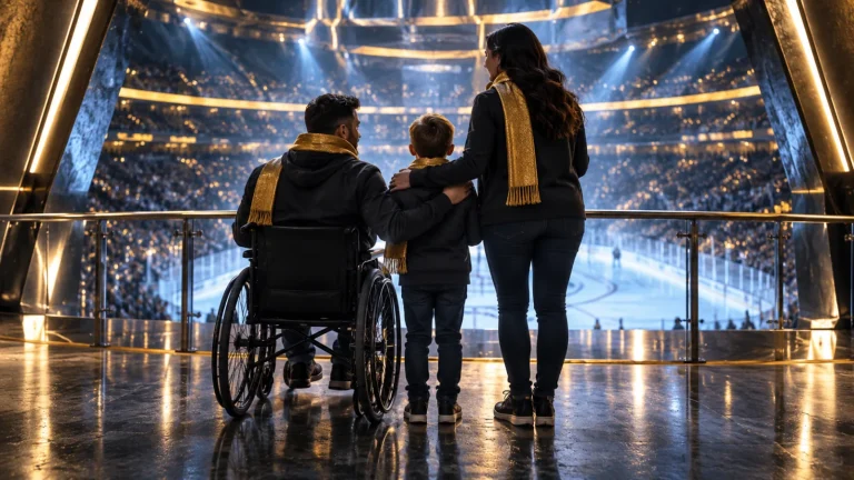 Dos adultos y un niño miran una pista de hockey; uno de los adultos utiliza una silla de ruedas.
