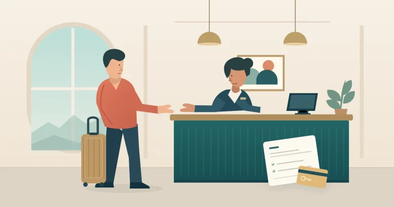 Ilustración de una persona con maleta que consulta las condiciones de registro con una recepcionista de hotel.