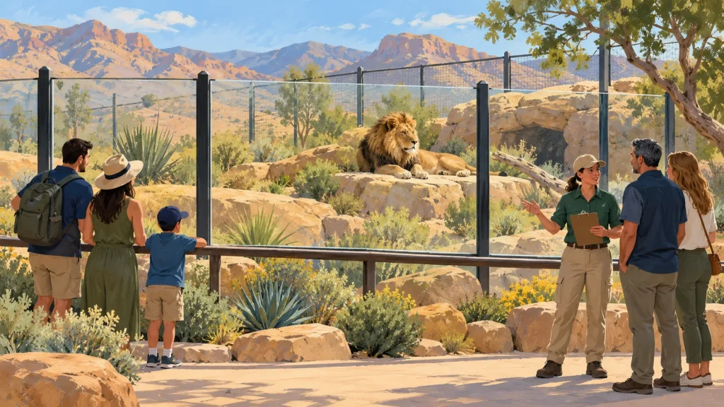 Ilustración conceptual de una familia observando un león tras una barrera de vidrio y de una cuidadora que guía a dos visitantes en un recinto imaginario.