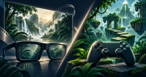Ilustración conceptual de gafas de cine ante una jungla proyectada y un mando de juego ante un escenario de jungla con plataformas.