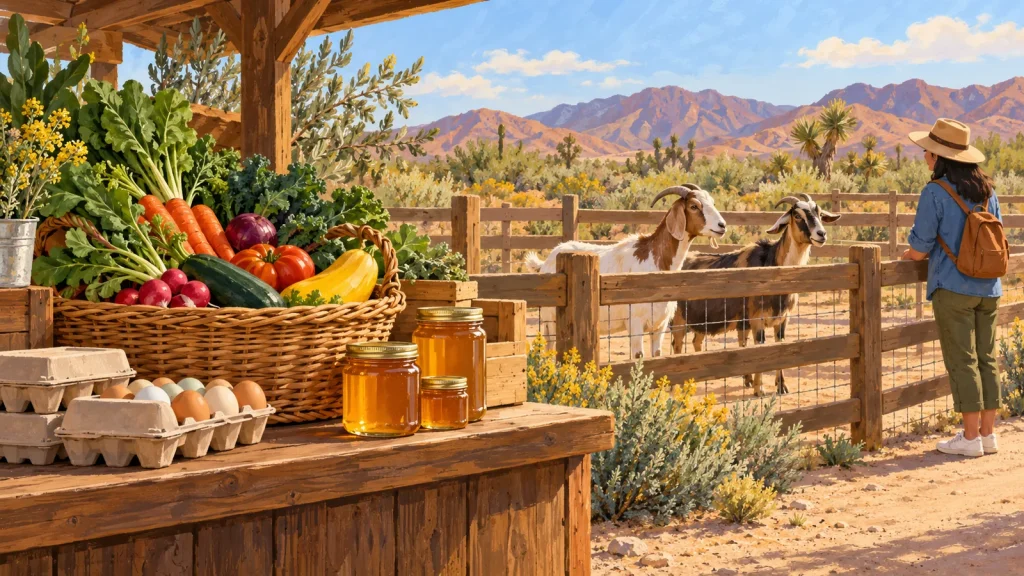 Ilustración conceptual de un puesto de verduras, huevos y miel junto a dos cabras tras una valla y una visitante en una granja imaginaria.