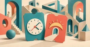 Ilustración conceptual de dos entradas, una con reloj y otra con un arco de luz, ante una galería imaginaria de perspectivas imposibles.