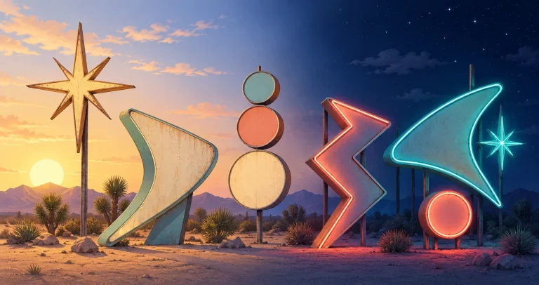 Ilustración de letreros geométricos imaginarios que pasan de la luz cálida del día al brillo de neón nocturno.