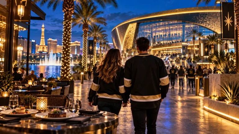 Pareja con camisetas de hockey camina hacia una arena imaginaria, junto a una terraza y luces de Las Vegas.