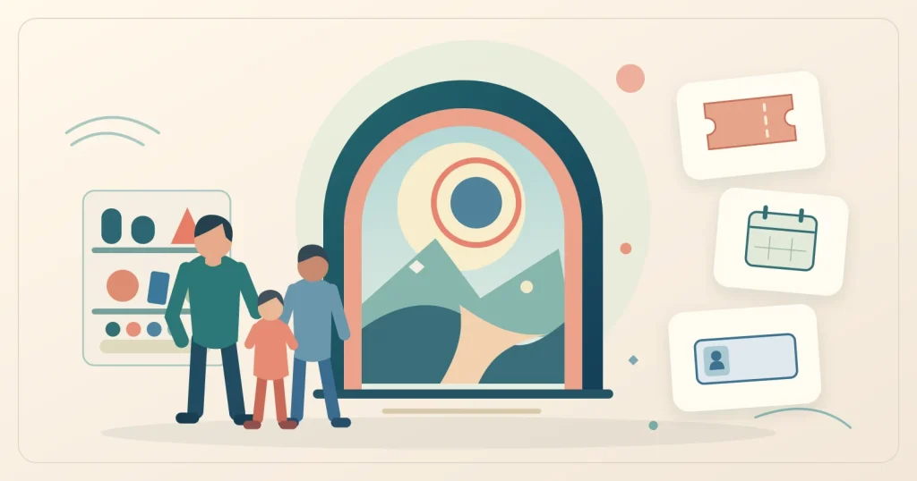 Ilustración conceptual de una familia frente a un portal geométrico, junto a símbolos de entrada, calendario e identificación.