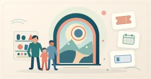 Ilustración conceptual de una familia frente a un portal geométrico, junto a símbolos de entrada, calendario e identificación.