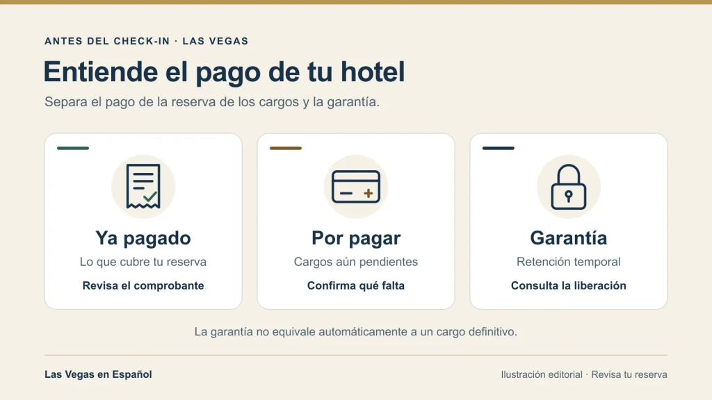 Ilustración con tres conceptos del pago de un hotel: ya pagado, por pagar y garantía, representados con iconos abstractos de comprobante, tarjeta y candado.