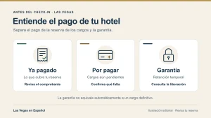 Ilustración con tres conceptos del pago de un hotel: ya pagado, por pagar y garantía, representados con iconos abstractos de comprobante, tarjeta y candado.