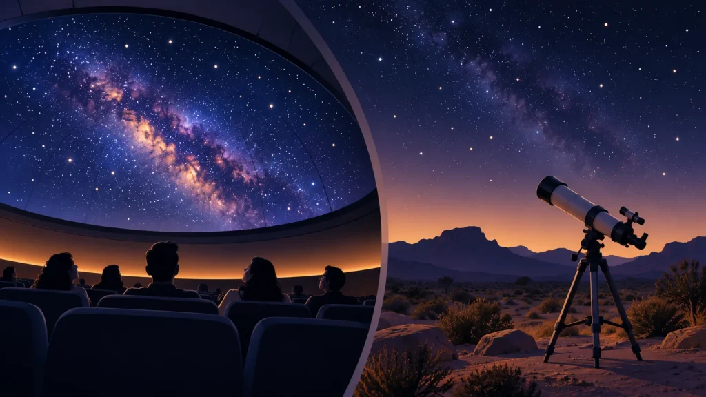 Ilustración conceptual de visitantes bajo una cúpula con estrellas proyectadas y un telescopio exterior en un paisaje desértico imaginario.