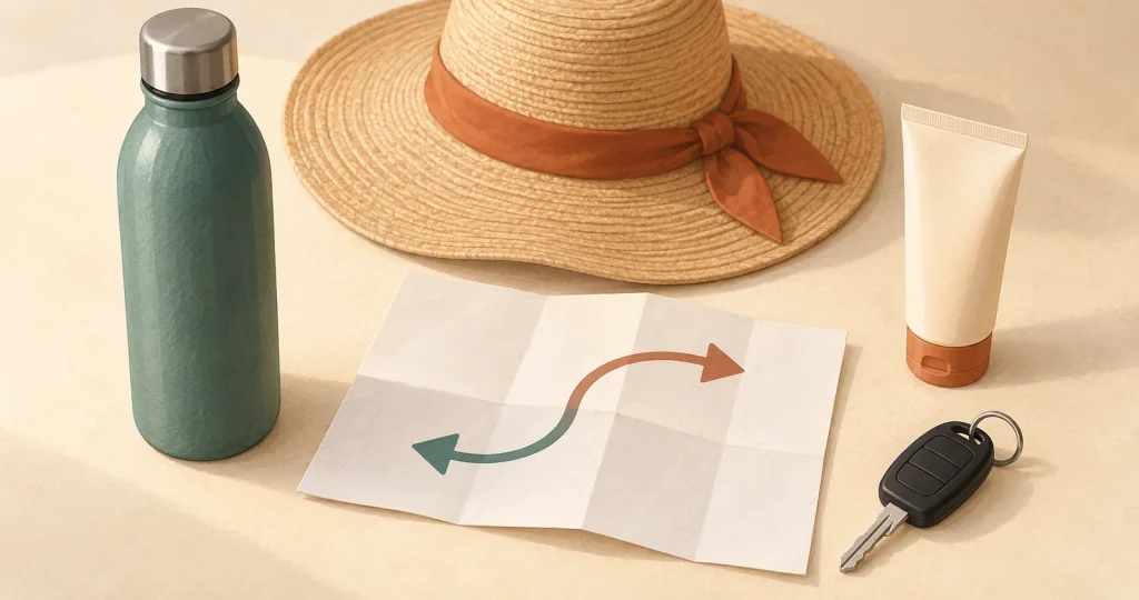 Ilustración conceptual con botella de agua, sombrero, protector solar, llave de auto y flechas de ida y vuelta sobre una hoja.