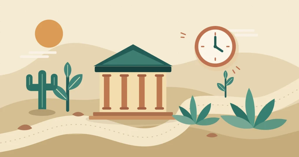 Ilustración en tonos crema, verde y terracota con un símbolo de museo, plantas del desierto, un sendero y un reloj para planificar una visita a Springs Preserve.